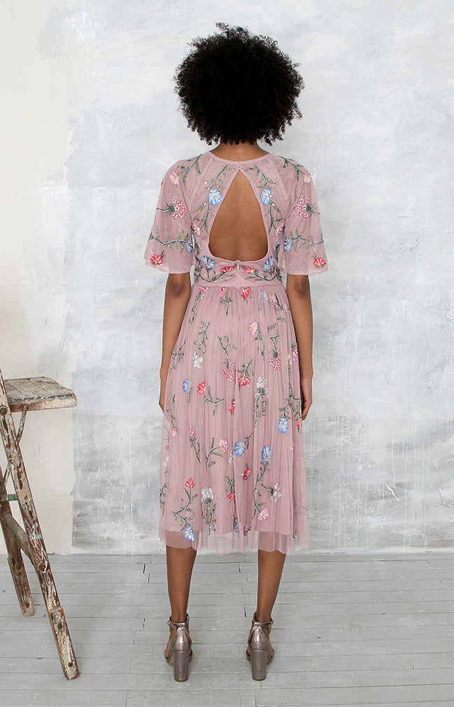 Audrina Hand Embroidered Midi Dress - Mauve