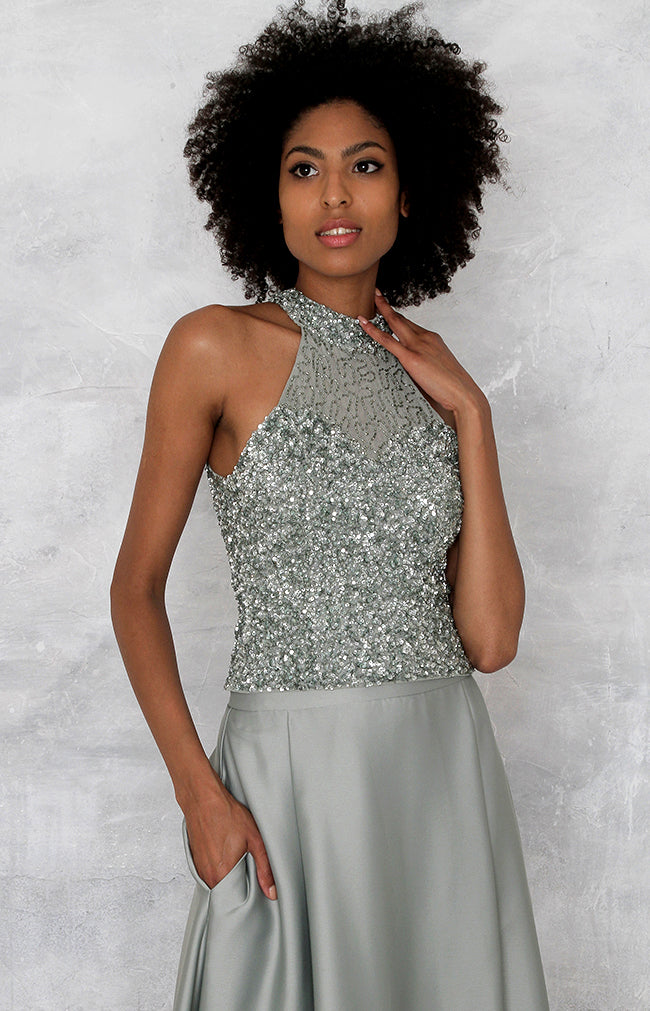 Marjorie Hand Beaded Top - Sage