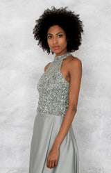 Marjorie Hand Beaded Top - Sage