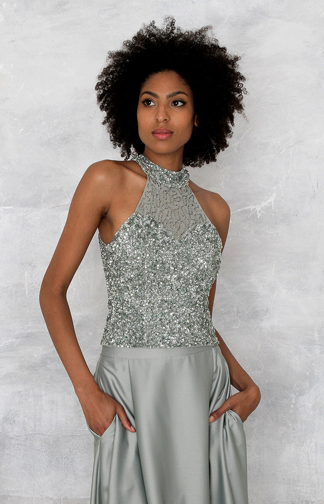 Marjorie Hand Beaded Top - Sage