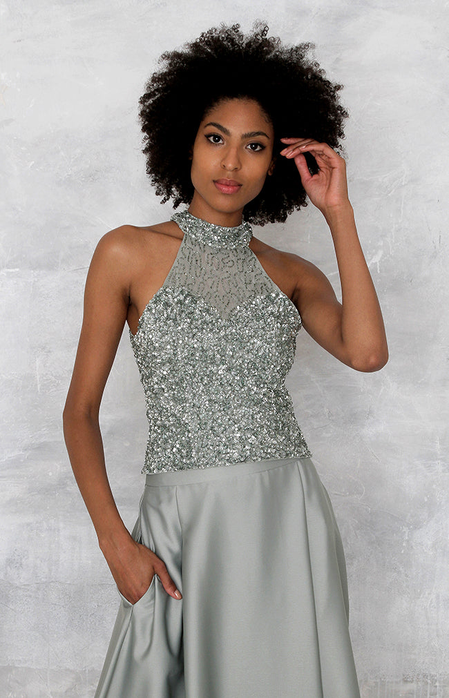 Marjorie Hand Beaded Top - Sage