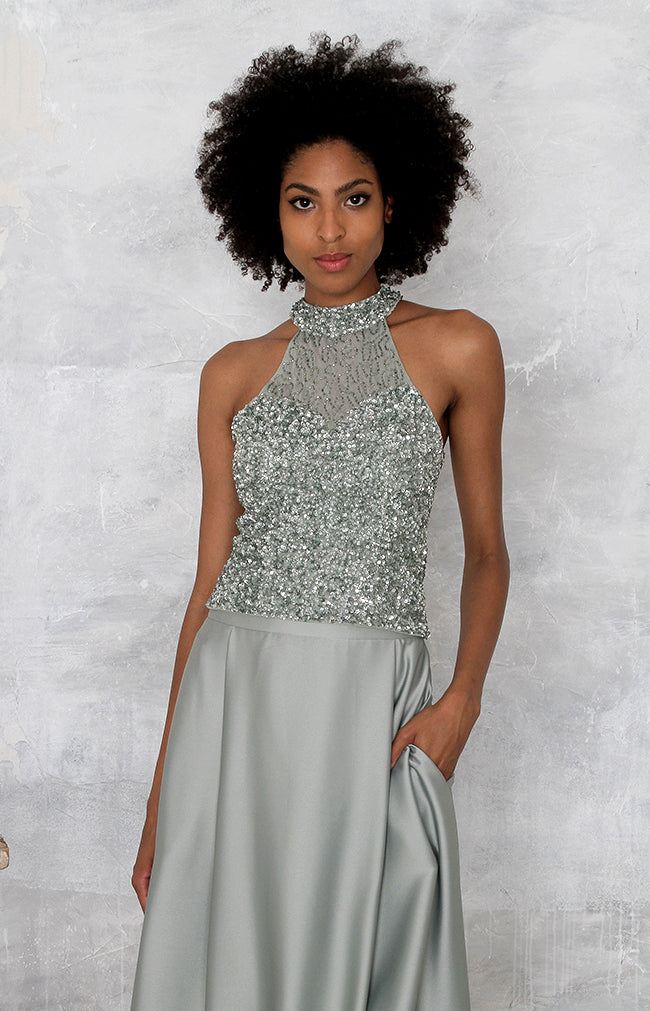 Marjorie Hand Beaded Top - Sage