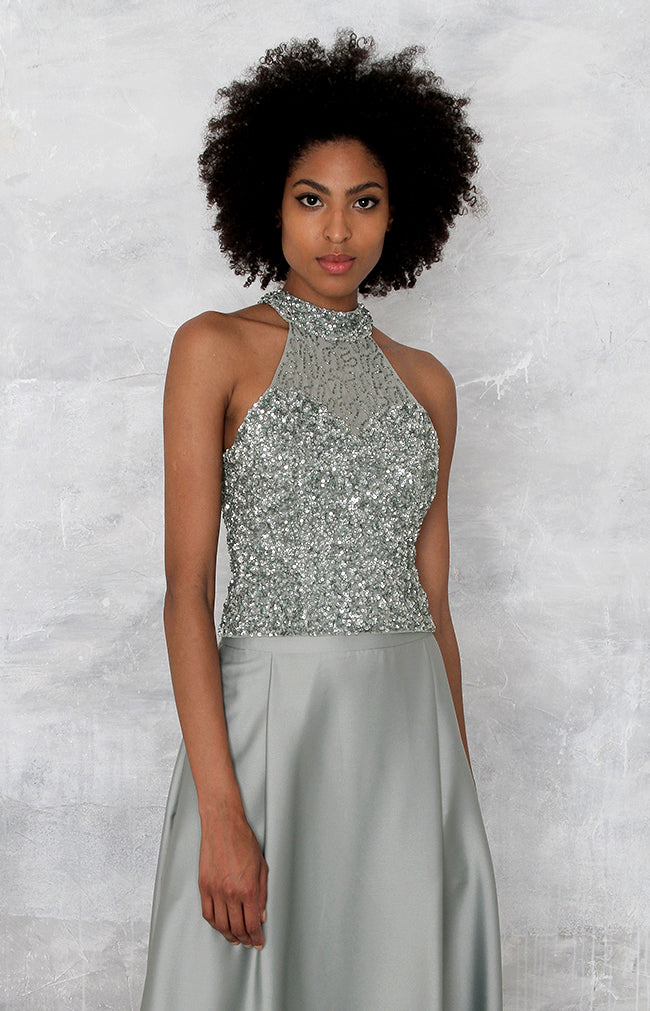 Marjorie Hand Beaded Top - Sage