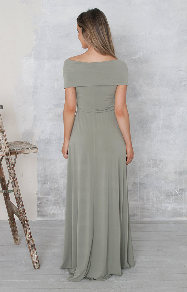 Rear view of dress showing bardot Neckline back detail