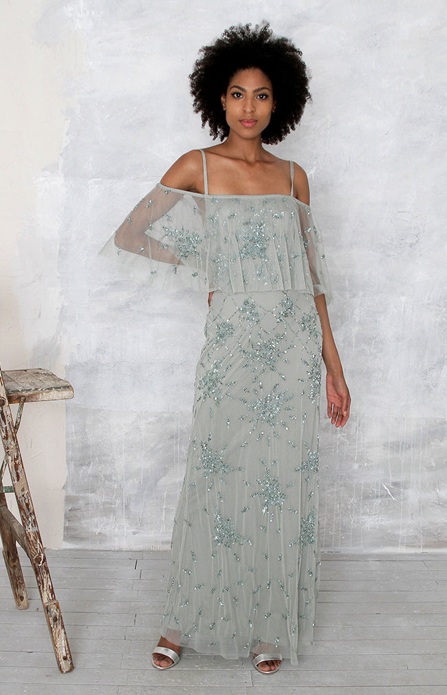 Eloise Hand Beaded Off Shoulder Gown - Sage