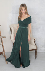Folkster off the shoulder maxi dress style of evening gown in Forest Green
