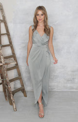 sage green silky wrap dress