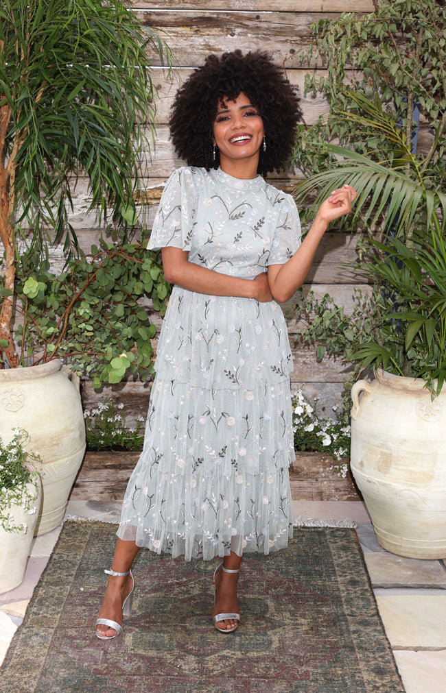 Madeline Hand Embellished Midi Dress - Sage Multi