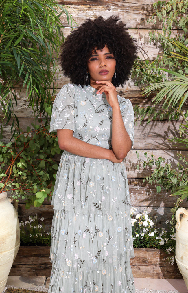 Madeline Hand Embellished Midi Dress - Sage Multi