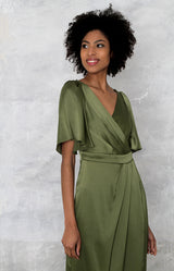 One of Folkster's wrap bridesmaid dresses in olive green from the Renata collection