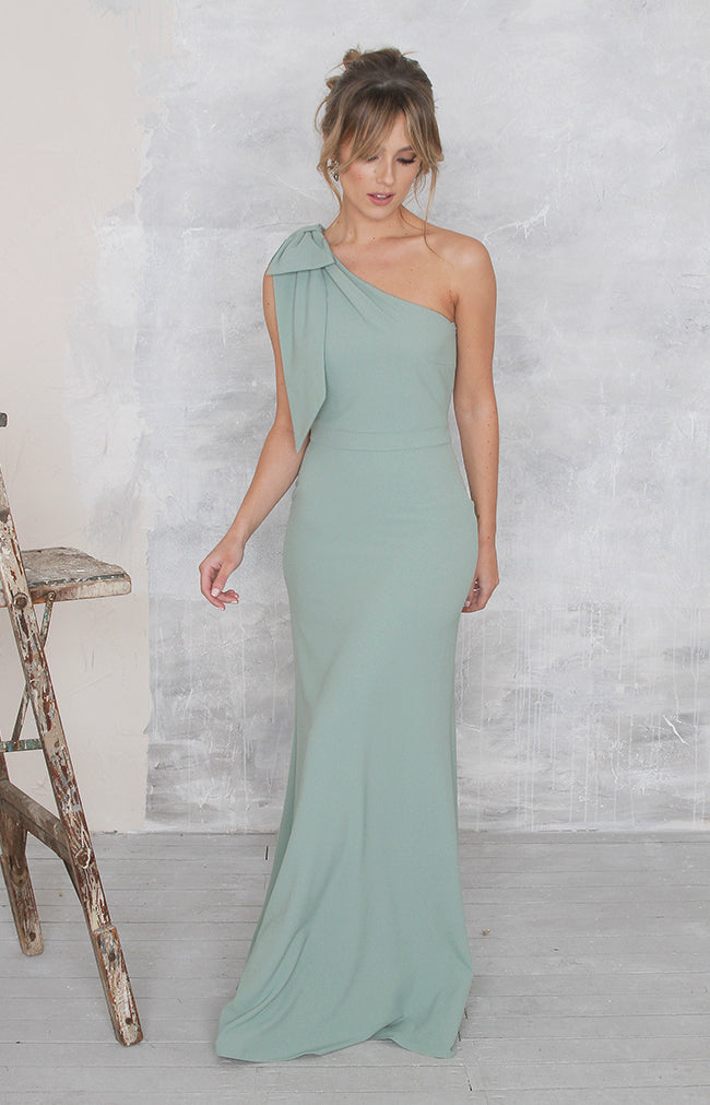 asymmetrical gown in sage green