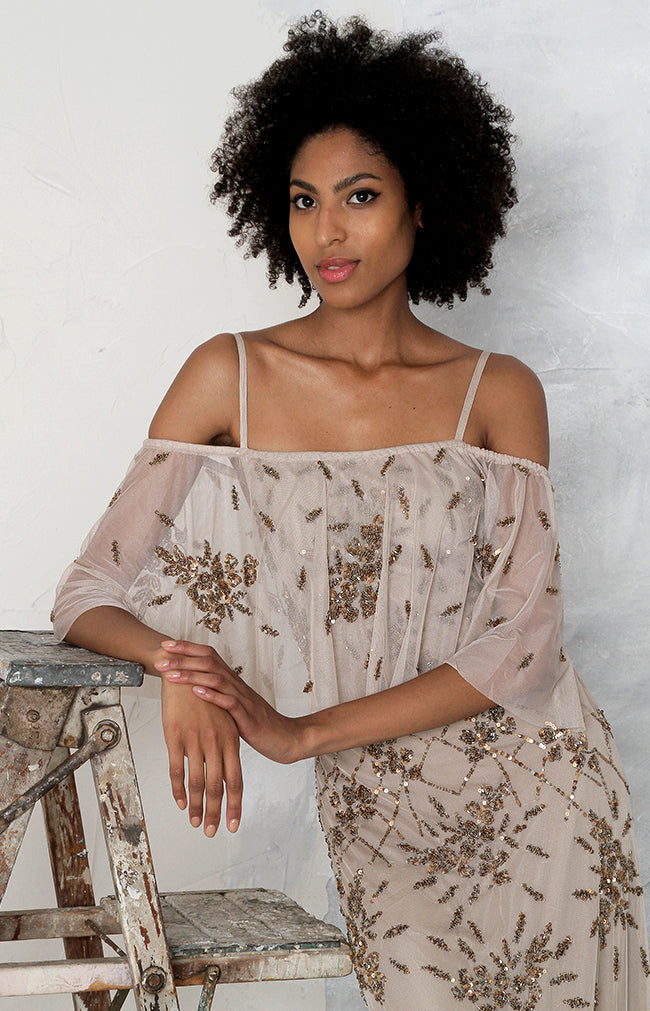 Eloise Hand Beaded Off Shoulder Gown - Mocha