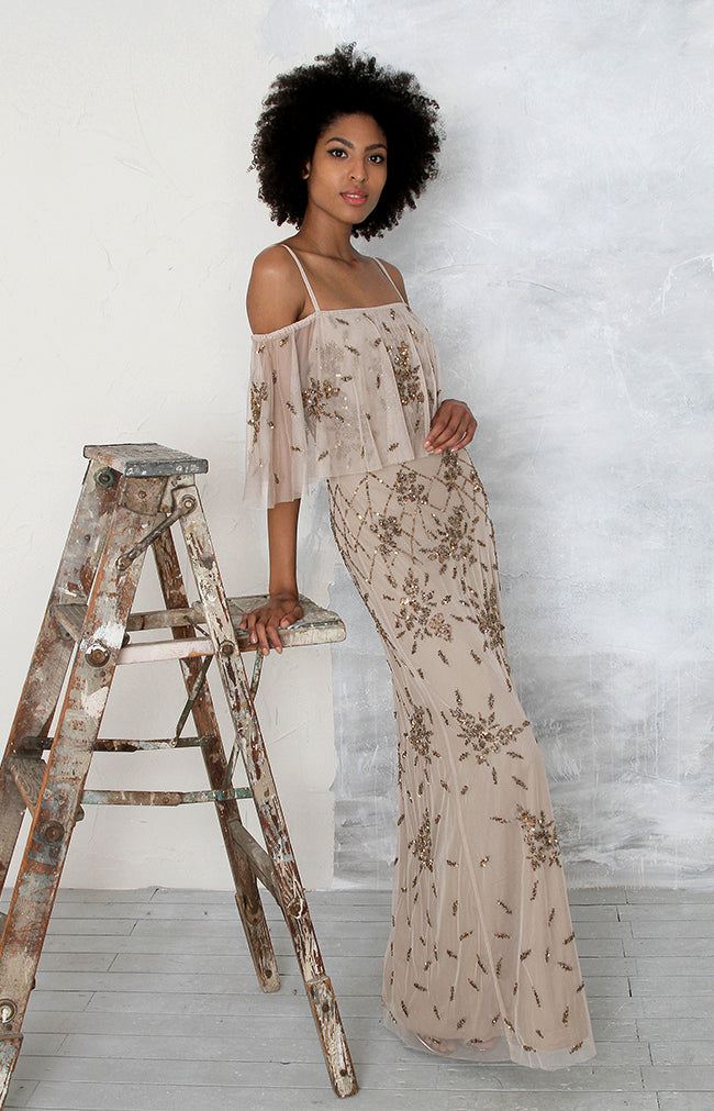 Eloise Hand Beaded Off Shoulder Gown - Mocha