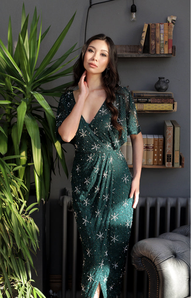 green star dress Stellar Gown Emerald Features a purple shirred Black Dresses – The Shoe US Size:8 ABEL THE LABEL