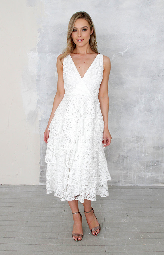 Sade Tiered Lace Midi Dress - Ivory