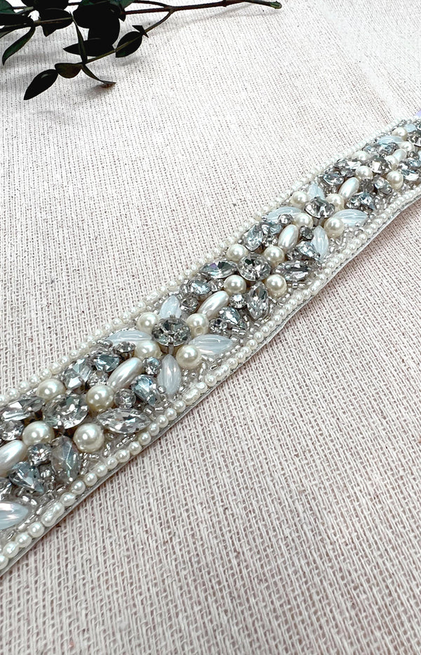 Aminah Beaded Belt - Ivory with Lavender ribbon