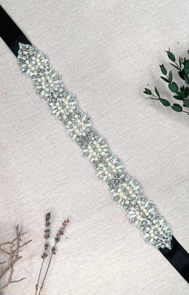 Naveen Beaded Belt - Ivory with Black ribbon