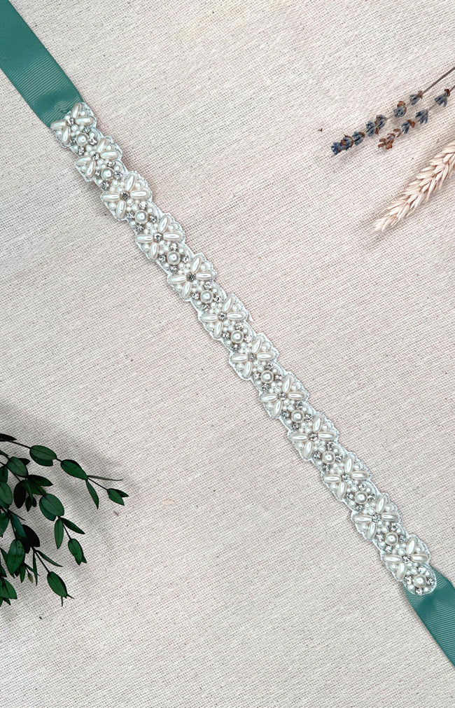 Mysie Beaded Belt - Ivory with Sage Ribbon