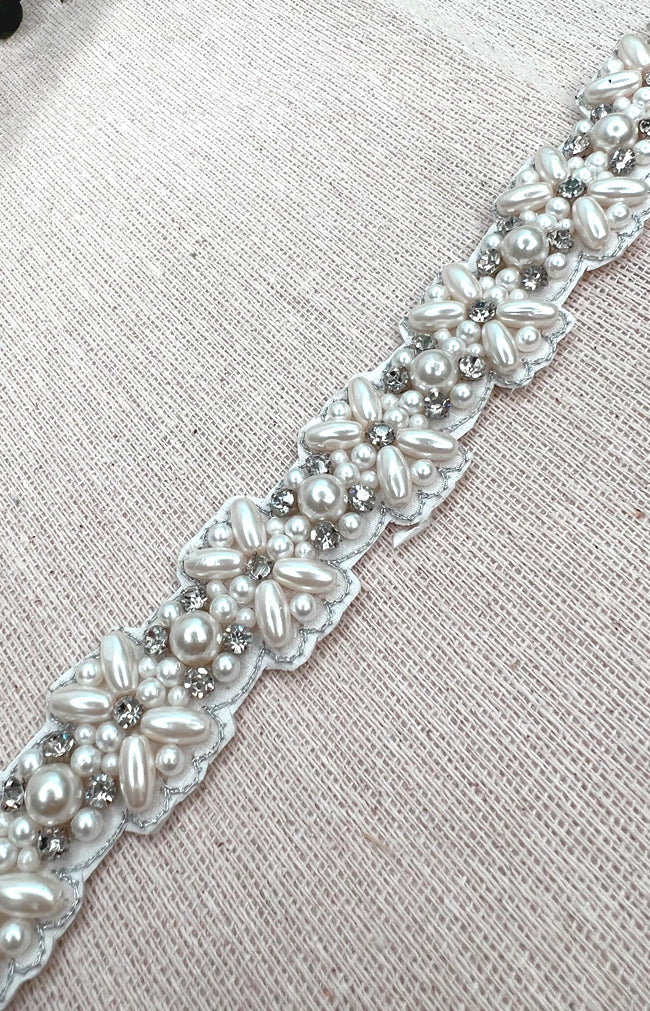 Mysie Beaded Belt - Ivory with Sage Ribbon