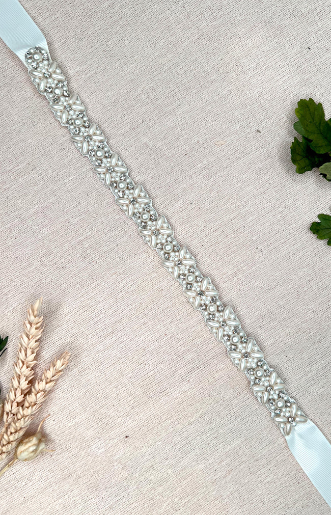 Mysie Beaded Belt - Ivory with Ivory ribbon