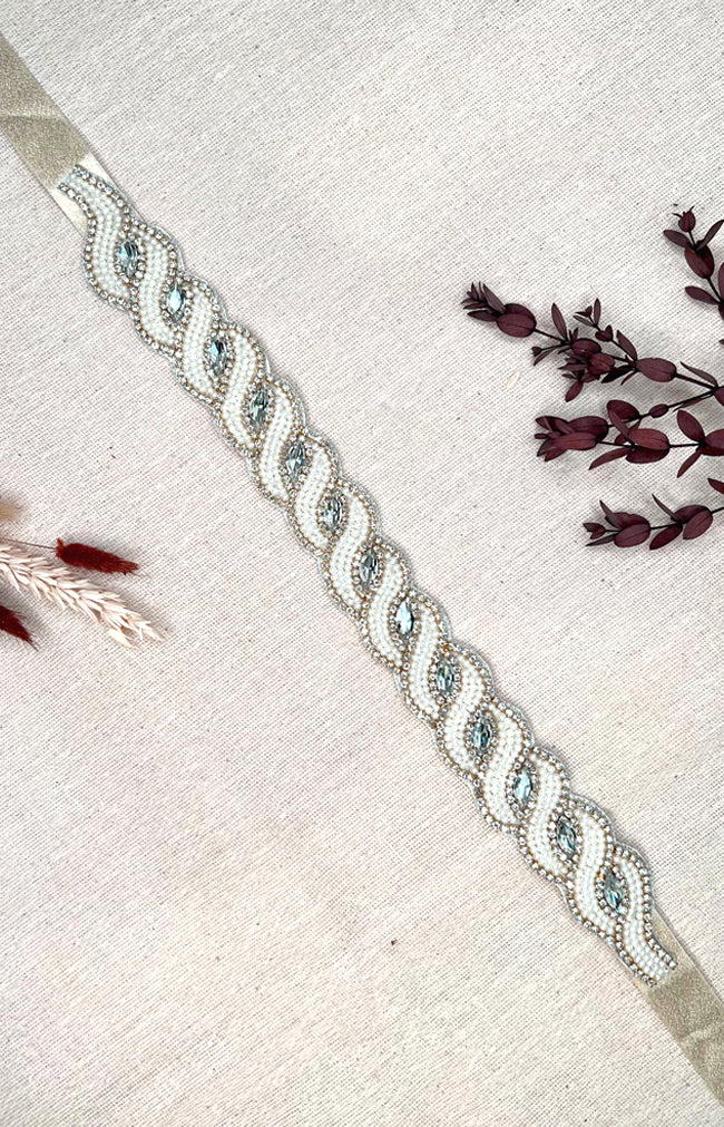 Jaylen Beaded Belt - Ivory with Gold ribbon