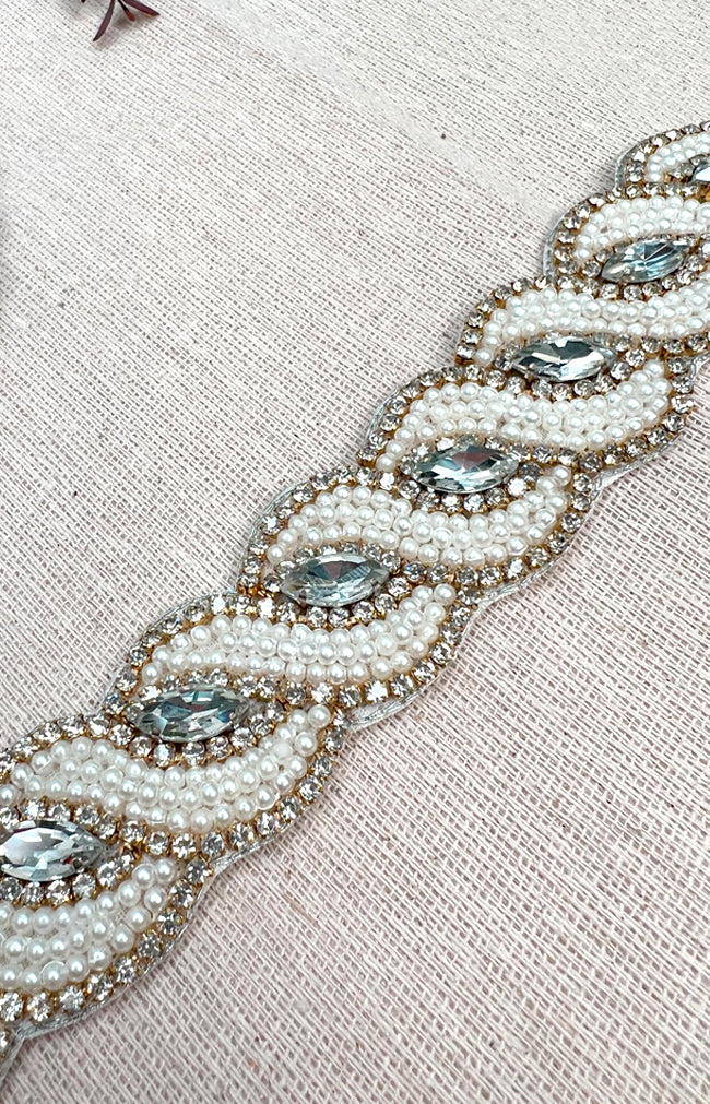 Jaylen Beaded Belt - Ivory with Gold ribbon