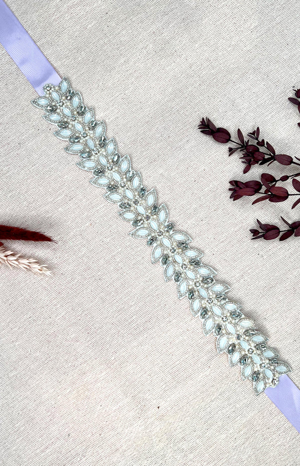 Athos Beaded Belt - Ivory with Lavender ribbon
