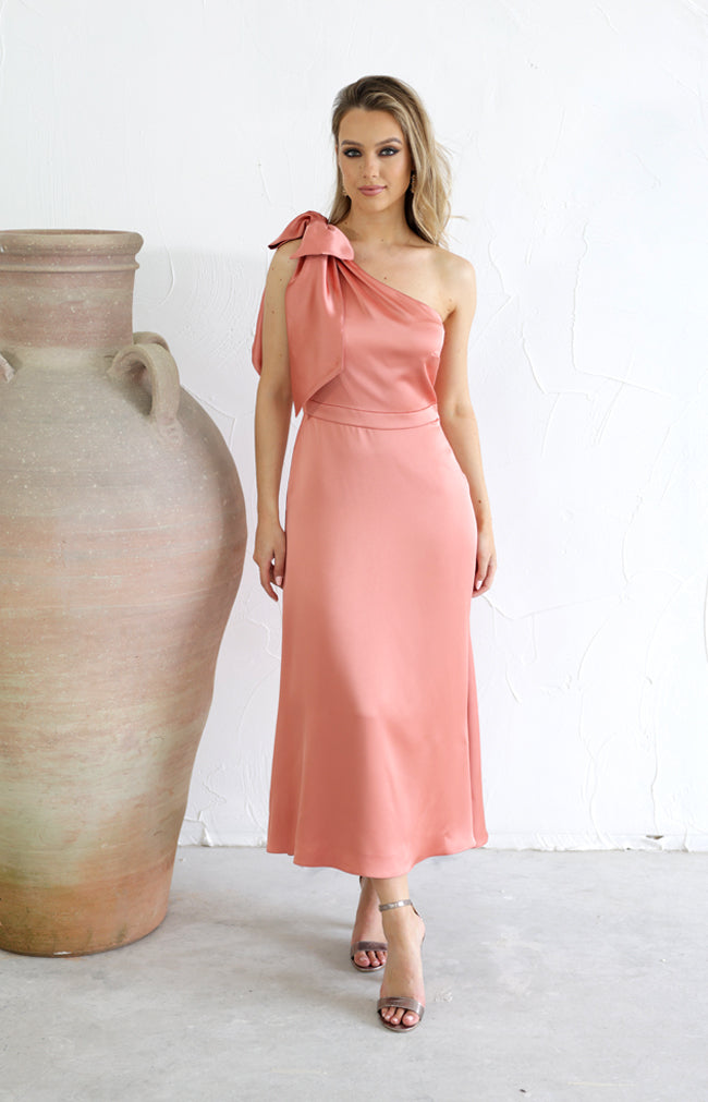 Fleur Midi Satin Dress - Dusty Coral