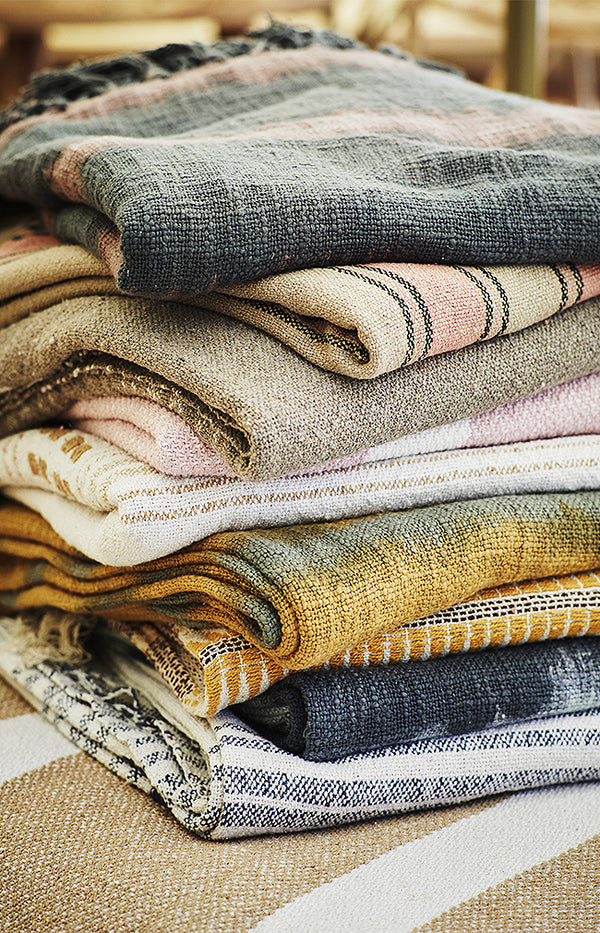 Striped woven throw w/ fringes- Taupe/Coral