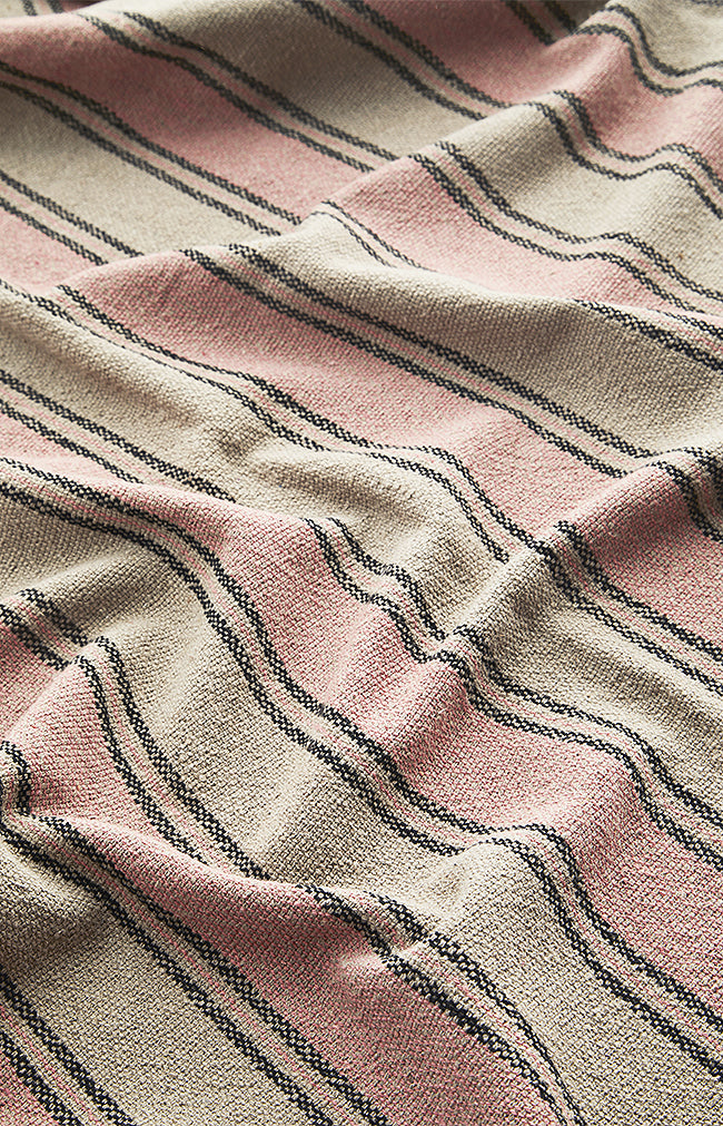 Striped woven throw w/ fringes- Taupe/Coral