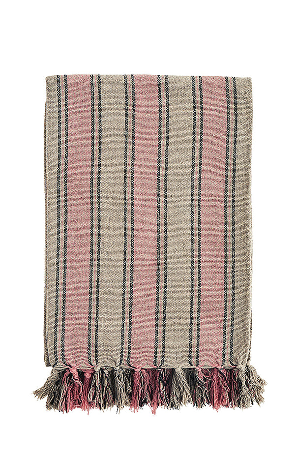 Striped woven throw w/ fringes- Taupe/Coral