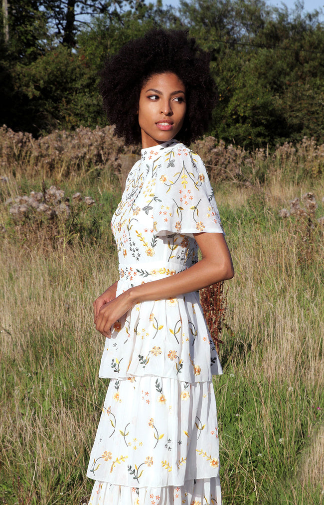 Madeline Hand Embellished Floral Midi Dress - Ivory Multi