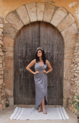 one of Folkster's dusty blue bridesmaid dresses from the Fabia collection